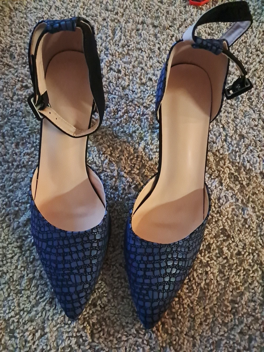 Pointed Toe Ankle-Strap Pumps in Navy Croc-Emboss - Picture 1 of 10